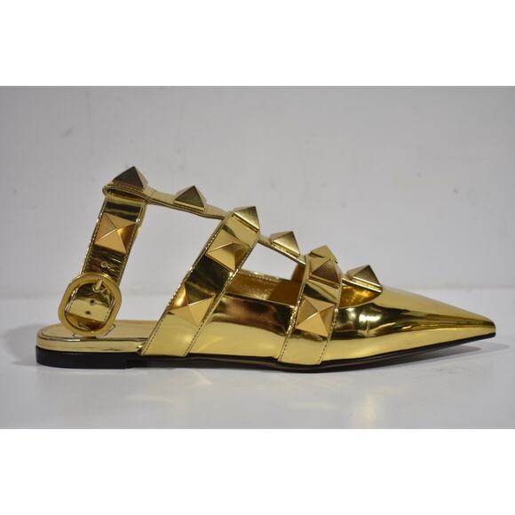 Valentino Rockstud Gold Pyramid Stud Pointed Ankle Strap Ballerina Flat 38.5 - Picture 2 of 12